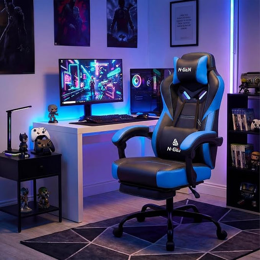 N-GEN GAMING Gaming Chair Big and Tall Computer Heavy Duty Office Desk Chair with Footrest Ergonomic Lumbar Support High Back Recliner for Adults (Blue)