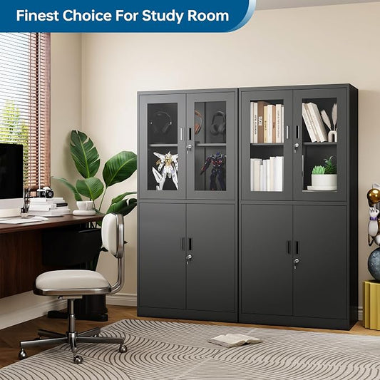 PEUKC Display Storage Cabinet with Glass Door, 71 Inches Metal Curio Cabinet with 2 Adjustable Shelves, Locking Glass Display Case for Home, Office, Clinic, Pantry, Assemble Required (Black)