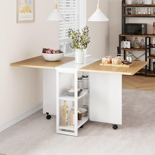 IDEALHOUSE FoldingTable, Drop Leaf Dining Table with 6 Wheels and 2-Layer Storage Shelf, Space Saving Table for Small Spaces (Pear Wood Color and White, 50.1" D x 31.4" W x 29.5" H)