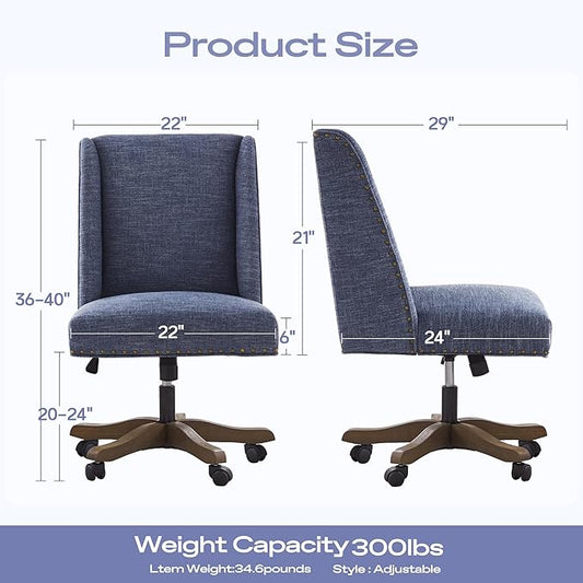 Zihanhome Armless Home Office Chair with Wooden Legs, Modern Adjustable Upholstered Office Desk Chair No Arms Computer Chair Swivel Chair for Home Office Study Studio (Blue)