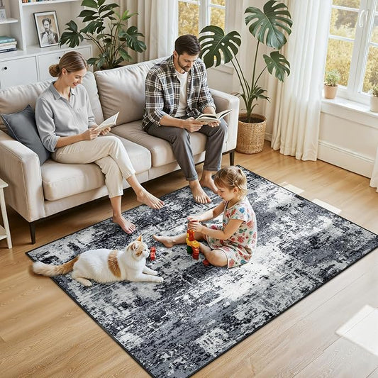 RELEANY Washable Area Rugs 4'x6' Non-Slip Modern Abstract Soft for Living Room Entryway Bedroom Kitchen, Print Pattern, Black Navy Blue Gray