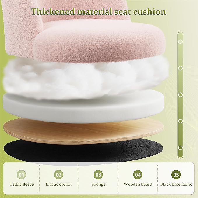 DurayLoly Vanity Chair with Wheels, Cute Desk Chair with Back, Armless Chair with Height Adjustable & 360° Swivel, Soft Lumbar Support for Small Space, Bedroom, Gentle Pink