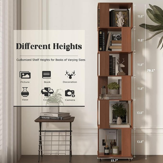 6 Tier Solid Wood Rotating Bookshelf Tower on Wheels, 360° Upgrade Spinning Book Shelf, Revolving Bookcase Organizer, Swivel Bookshelves for Small Spaces, Corner, Bedroom, Kids Room, Office (Brown)