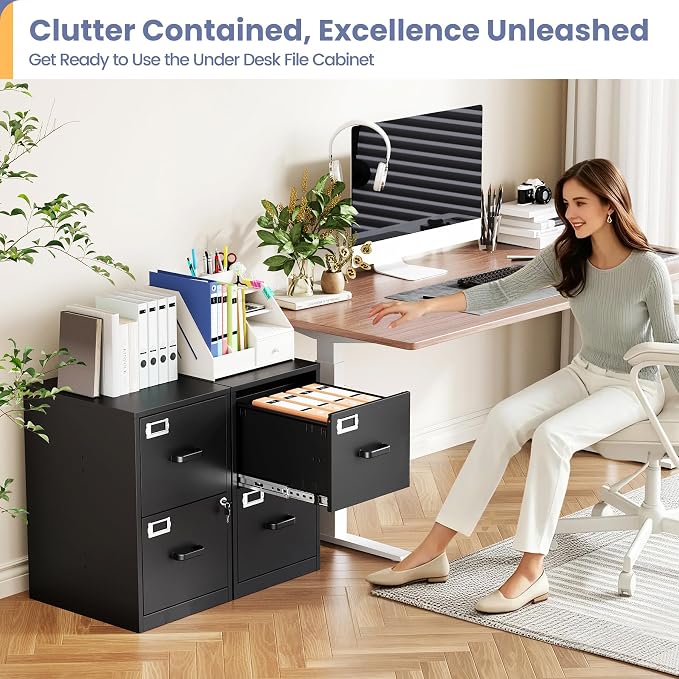 2-Drawer File Cabinet with Lock, Small Filing Cabinet Organizer for Hanging A4/Letter/Legal Size Folder, Under Desk Vertical Filing Cabinets for Home Office, Printer Stand, Black