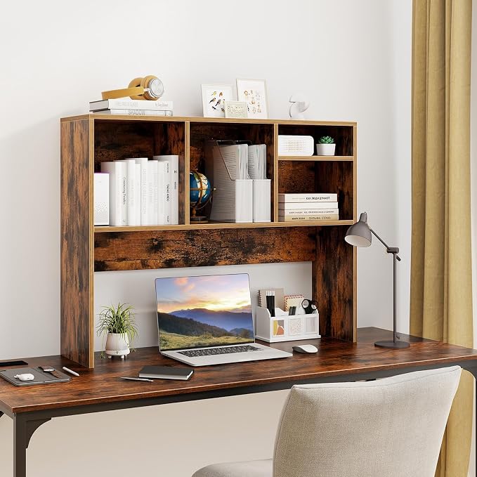 GOFLAME 4 Cubes Desktop Bookshelf, 37” Tabletop Wood Desk Shelf for Computer Monitor, Modern Countertop Desk Display Hutch Storage Organizer Shelf for Home Office, Dorm, Study, Rustic Brown