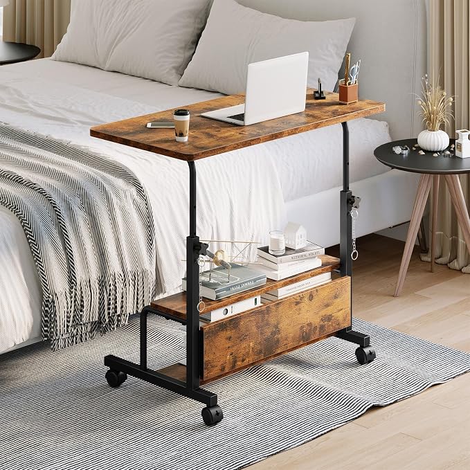DUMOS 31.5" Mobile Rolling Desk with 2-Tier Storage Shelves, Height Adjustable Computer Desks on Wheels, Portable Rolling Laptop Table for Small Spaces & Home Office Rustic Brown