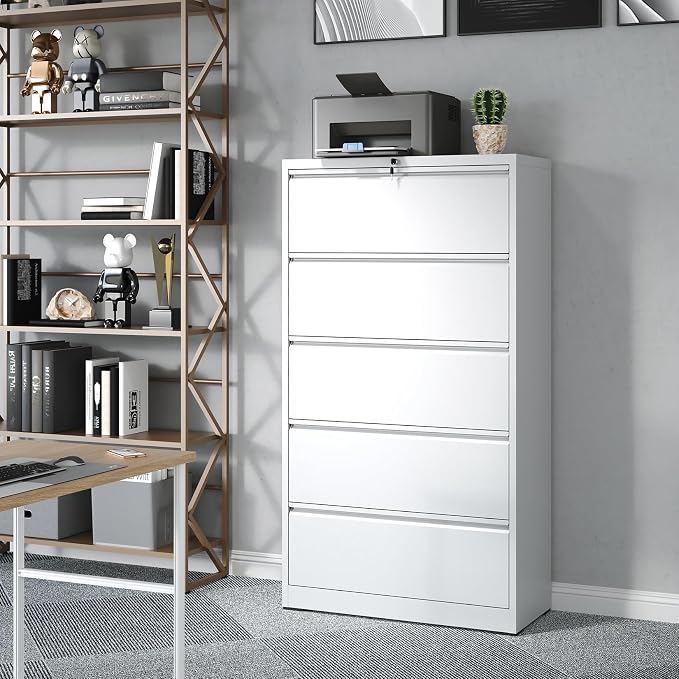 5 Drawer Lateral File Cabinet with Lock, Metal Lateral Filing Cabinet for Home Office, Steel Wide Horizontal Filing Cabinets for Letter/Legal/A4/F4 Hanging Files (White)