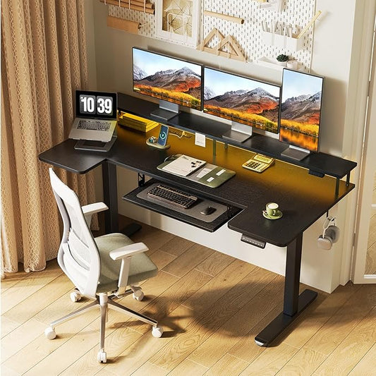 OffiGo U Shaped Electric Standing Desk with Keyboard Tray, 63 Inch Height Adjustable Desk with Power Outlets & LED Lights, Sit Stand Table with Monitor Stand for Home, Office, Black