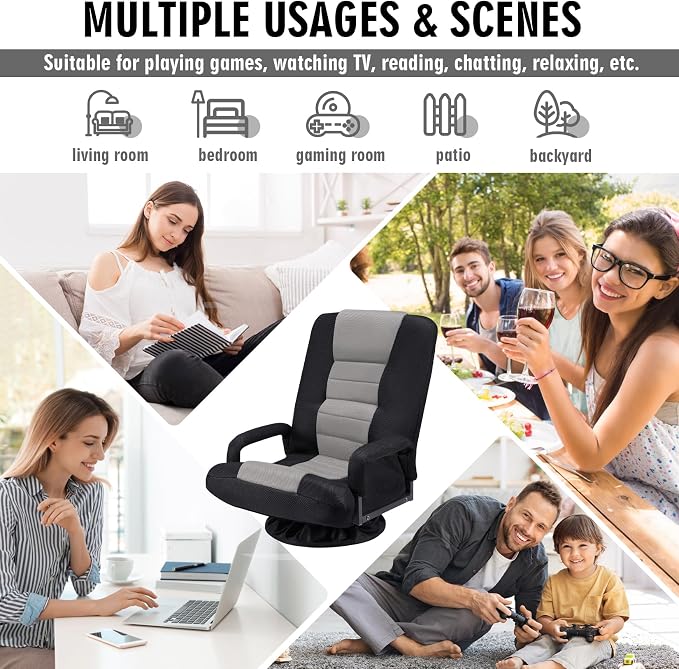 Swivel Floor Gaming Chair w/Armrests,Folding Video Reclining Sofa w/6 Adjustable Position, Padded Backrest & Cushion, Lazy Lounger Couch for E-Sports, Reading, Relaxing, Watching TV, Grey