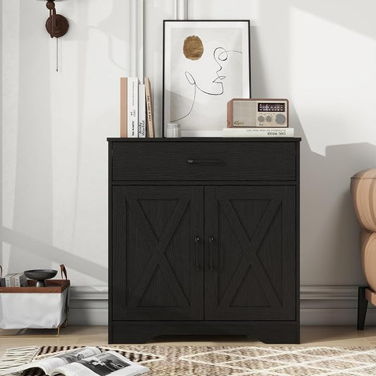 Panana Wooden Cabinet 1 Drawer and 2 Doors Storage Cupboard Coffee Bar Sideboard Farmhouse Entryway Organizer Console (Black)