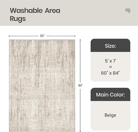 Valenrug Washable Rug 5x7 - Stain Resistant 5x7 Area Rugs for Living Room, Non Slip Backing Printed Rugs for Bedroom, Folable Machine Washable Area Rug(Beige,5'x7')