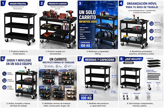 Hantec 3-Tier Rolling Mechanic Tool Cart – Heavy-Duty Steel Service Cart on Wheels with 360° Swivel Lockable Casters & Ergonomic Handle, 220 LBS Capacity, 31.9" L x 15" W x 30.7" H, Tool Organizer