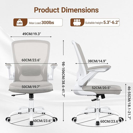 BESTFAIR Ergonomic Office Chair, Mesh Computer Chairs with Lumbar Support, Swivel Desk Chair with Flip-up Arms and Adjustable Height, Light Gray
