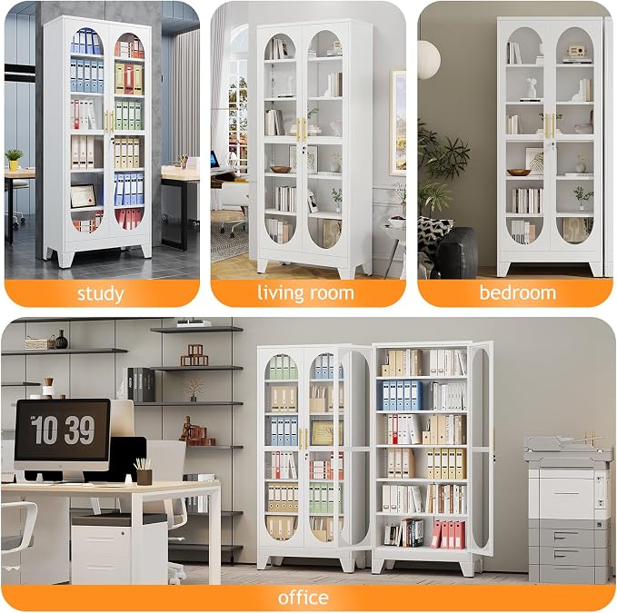 PAOFIN 75" H Locking Display Cabinet with Glass Door, Metal Cabinets with 5 Adjustable Shelves, Cabinet Display Case for Living Room, Collectibles, Clinic, Home - Assembly Required White