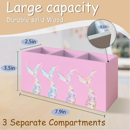 Mermaid Gifts for Girls Women, Pastel Mermaid Beach Pen Pencil Holder Organizer for Desk, Coastal Ocean Wooden Box Block Sign for Home Classroom Dorm Office Tabletop Decor(Pink)