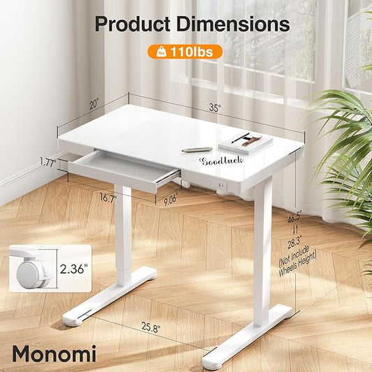 Monomi 35" Glass Standing Desk with Drawer and USB Ports, Electric Height Adjustable Desk for Home Office, White Sit Stand Table with Storage, Easy Assembly Computer Desk for Small Spaces