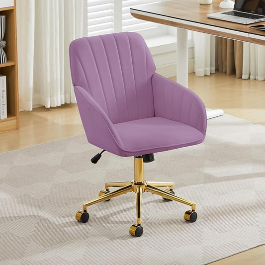 Velvet Home Office Desk Chair, Modern Cute Computer Task Chair with Back, Height Adjustable Upholstered Vanity Chair with Swivel Wheels for Women, Girls (Gold Base, Light Purple