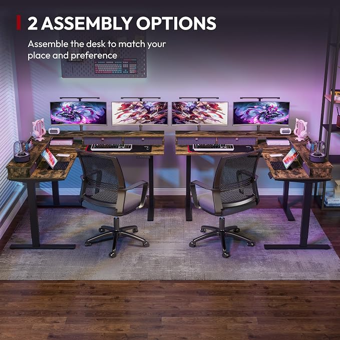 SANODESK 71" L Shaped Standing Desk with 4 Drawers, Height Adjustable Stand up Desk, Corner Gaming Desk with Monitor Stand, Black Frame/Rustic Brown Top