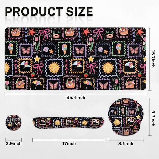 Britimes Cute Sun Bow Keyboard Mouse Pad Set Black Colorful Doodle 4in1 Large Mousepad+Keyboard Wrist Rest+Mouse Wrist Rest+Coaster Ergonomic Design for Home Office Computer 35.4x15.7 inches