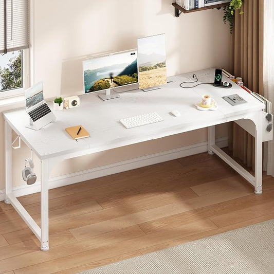 DurayLoly 63 x 24 inch Large Desk, 24mm Thick Heavy Duty Computer Desk with RGB LED & Power Outlets, Gaming Desk with Detachable Stand, Hooks & Storage Bag, 150LBS Load Capacity, White