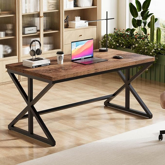 IBF 55” Rustic Computer Desk, Industrial Brown Home Office Desk, Wooden Metal Executive Pc Computer Desk Table, Wood Student Gaming Study Computer Table for Bedroom Living Room, Rustic Brown, 55 Inch