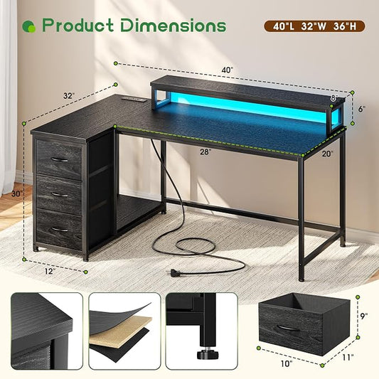 EnHomee 40 Inch Gaming Desk with 3 Drawers & 27.5'' Monitor Stand,Computer Desk with 3 AC and 1 Type-C Power Outlet and LED Lights, L Shaped Small Desk for Gaming,Study Room,Home Office,Bedroom,Black
