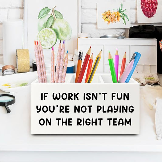 Inspirational Pen Pencil Holder Organizer for Desk, Inspirational Gifts for Women, Teamwork Team Gifts for Employees Coworkers Wooden Box Sign for Home Office Desk Tabletop Decorations