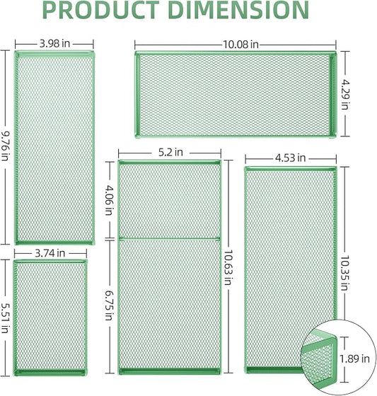 Marbrasse 5 Pack Desk Drawer Organizer Set, Mesh Drawer Storage Trays with 1 Adjustable Divider, Desk Organizers and Accessories, 5 PCS Drawer for Office Supplies, Makeup & Vanity (Green)