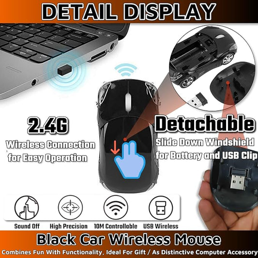 HuGuWdy Black Car Mouse,2.4G with USB Reciver 1600DPI Computer Mice Wireless for Computer Cute Wireless Mouse for Laptop Computer Tablet for Windows for Mac OS for Christmas(Black)