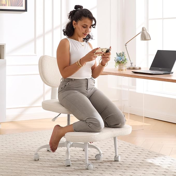 Fizzin Cross Legged Office Chair, Criss Cross Chair with Wheels Height Adjustable Seat for ADHD 360° Swivel Meditation Chair Chic Home Office Furniture (White-New)