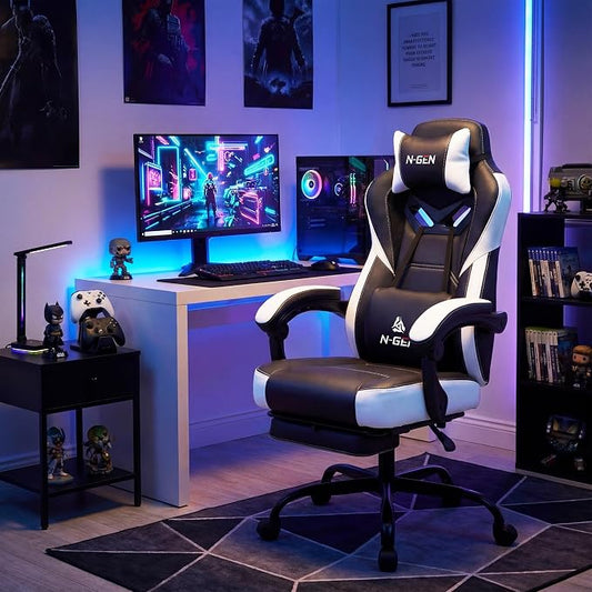 N-GEN GAMING Gaming Chair Big and Tall Computer Heavy Duty Office Desk Chair with Footrest Ergonomic Lumbar Support High Back Recliner for Adults (White)