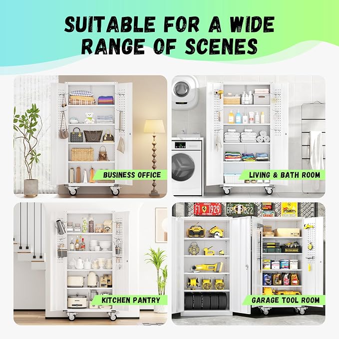 INTERGREAT Metal Storage Cabinet with Wheels, 72" Locking Storage Cabinets with Door and 4 Shelves, Tool Storage Locker on Casters for Home Office, White…
