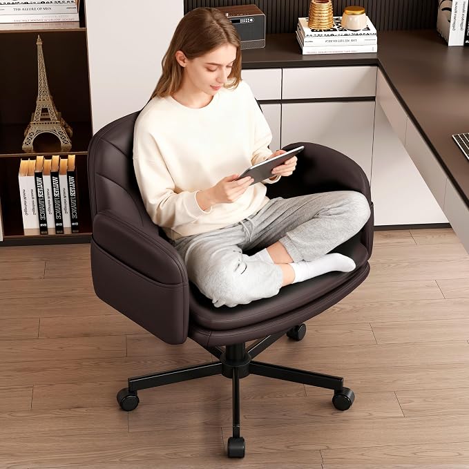 Vonesse Criss Cross Office Chair with Wheels & Armrests, Height Adjustable Vanity Chair, Makeup Chairs with Side Pockets Design, Comfortable Computer Desk Chairs for Home (PU Leather,Brown)