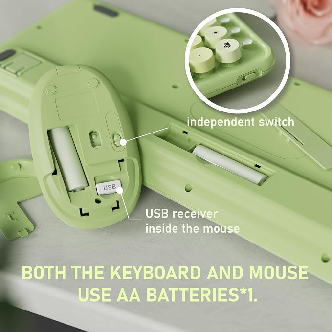 Wireless Keyboard and Mouse, Colorful 104-Key QWERTY with Round Keys, Phone Holder, Wrist Rest, Power Buttons, 2.4GHz USB for PC Laptop (Green Gradient)
