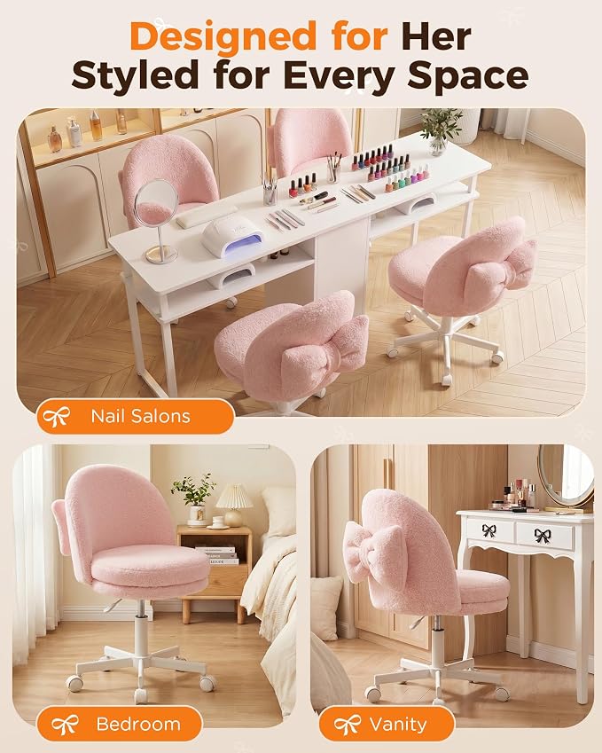 GTPLAYER Velvet Tall Office Chair with Wheels Vanity Chairs with Back, Versatile Height Use: Office to Bar Stools Small Ergonomic Comfy Armlees Computer Desk Chair with Bow Lumbar Pillow for Gift