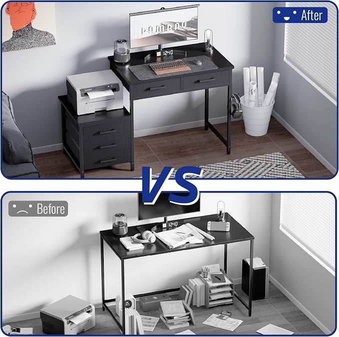Pamray 47 inch Computer Desk with 5 Drawers and Printer Space for Office | Ample Storage, Space-saving, Easy Assembly, Sturdy, Suitable for Home Office, Study and Writing, Bedroom and Dorms
