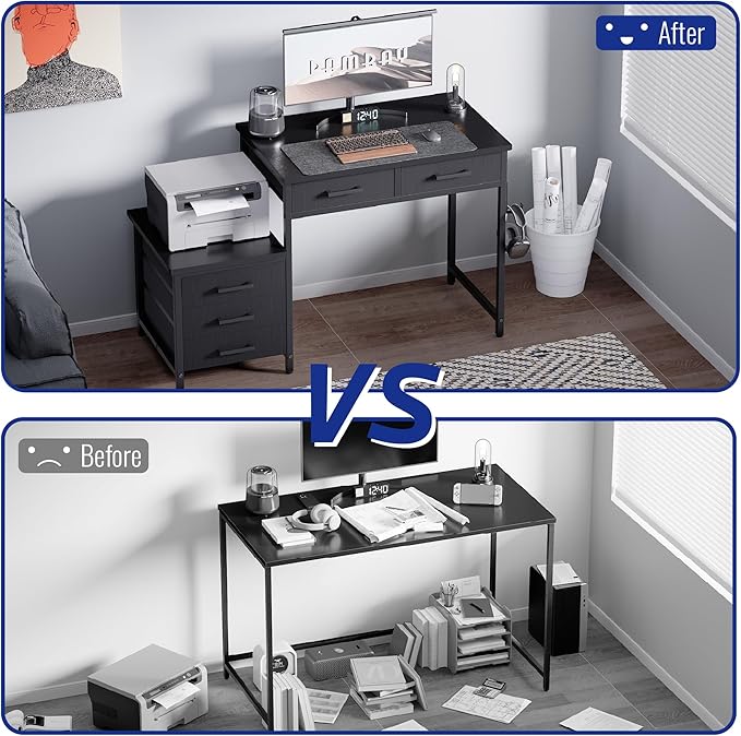 Pamray 47 inch Computer Desk with 5 Drawers and Printer Space for Office | Ample Storage, Space-saving, Easy Assembly, Sturdy, Suitable for Home Office, Study and Writing, Bedroom and Dorms