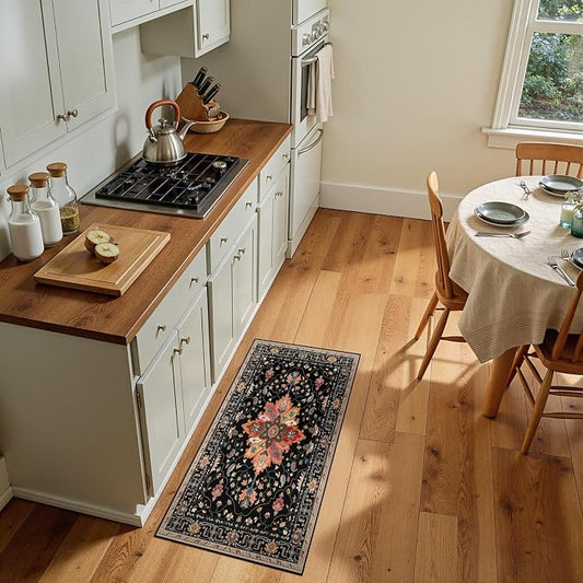 RELEANY Area Rugs Small 2'x4' Washable Non-Slip, Floral Vintage Distress Medallion Carpet for Kitchen Entryway Bathroom, Black Colorful Floral Dark Tan