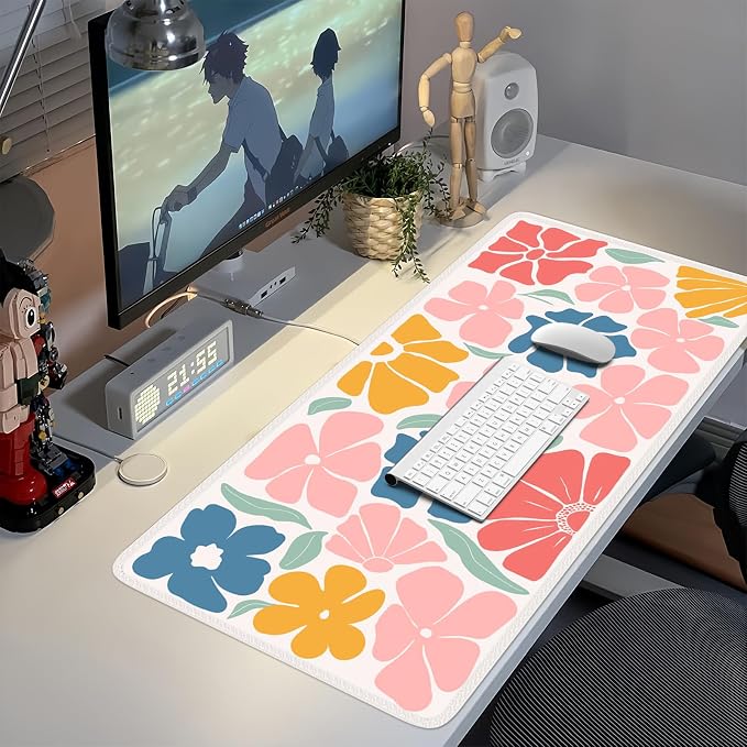 iCasso XXL Large Mouse Mat, Anti-slip Big Mousepad with Stitched Edges, Keyboard Pad Mat for Computer, Work, Gaming (Colorful Flower)