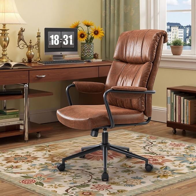 IWMH Office Chair, Executive Computer Chair, Mid Century Vintage Fabric Desk Chairs with High Bakc, Ergonomic Lumbar Support, Height Adjustable for Home Office, Brown