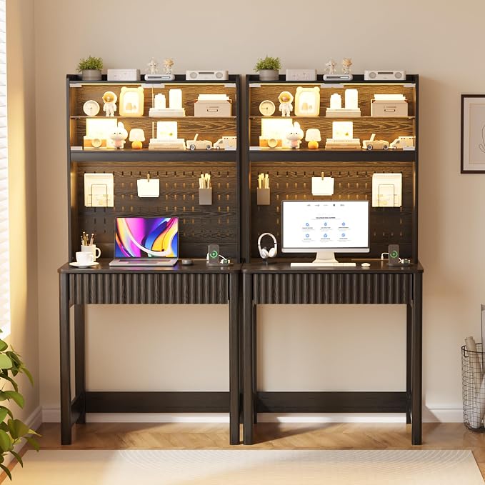 Lvifur Writing Desk with Power Outlet - Small Study Desk with LED Lights, Home Office Desk with Drawer & Hutch & Pegboard, Space Saving Study Table Work Station for Dorm, Living Room (Black)