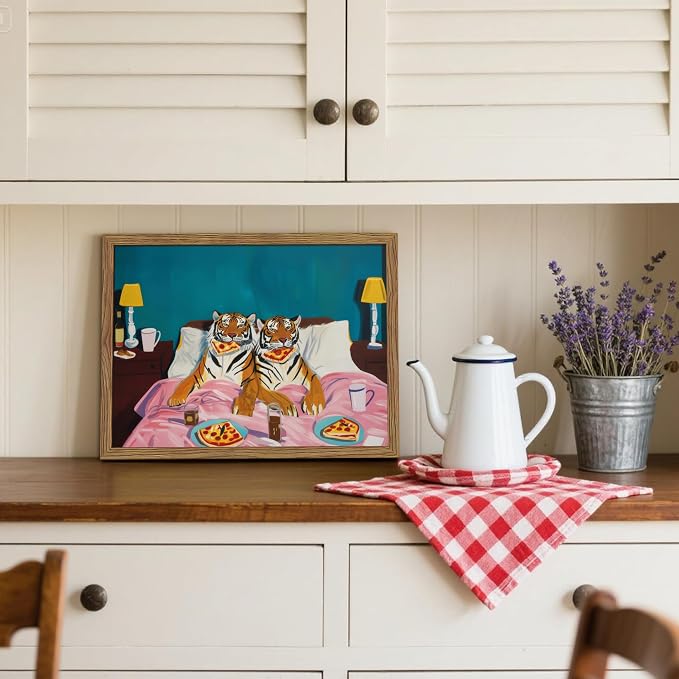 Framed Tiger Pizza Wall Art, Dopamine Wall Decor Canvas Print, Vintage Fun Tiger Eating Pizza in Bed Poster, Abstract Animal Picture Painting Art for Bedroom Living Room Home Decor 16x24 inch
