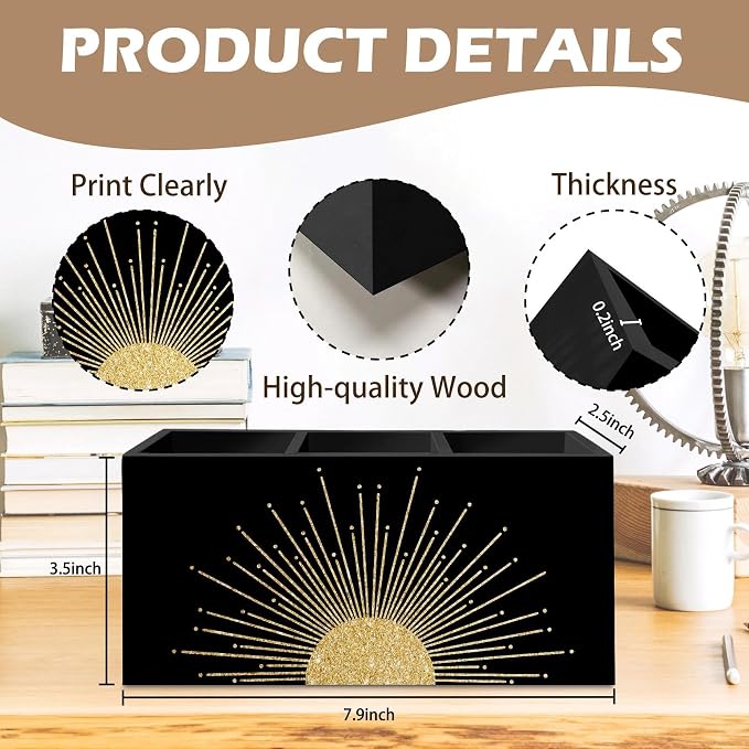 DILSJ Boho Abstract Golden Sunshine Pen Pencil Holder Organizer for Desk, Boho Office Decor, Mid Century Modern Minimalist Abstract Sunshine Wooden Box Signs for Home Office Desk Tabletop Decoration