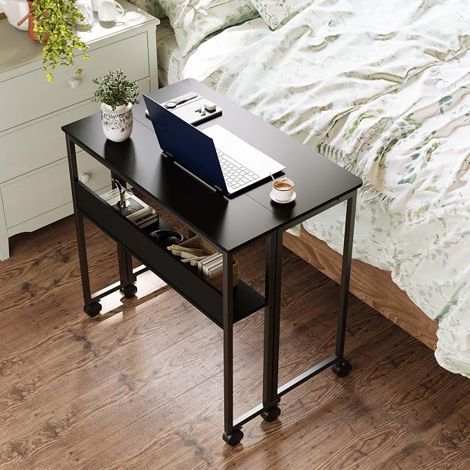 24.8" Folding Rolling Desk with Storage Shelf, Small Foldable Computer Table on Wheels for Home Office & Small Spaces, Portable Workstation with Brakes, Black