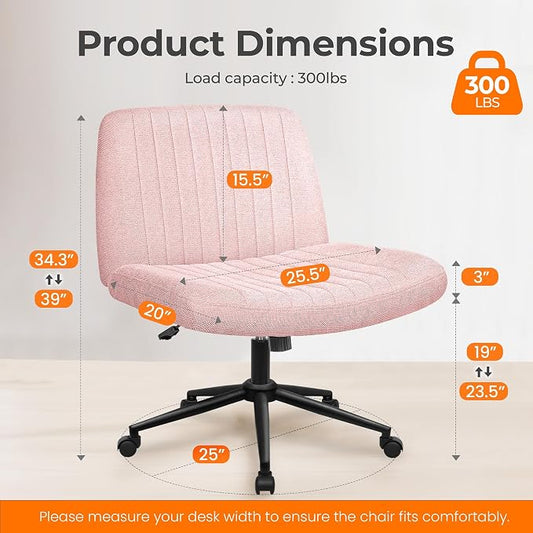 NEO CHAIR Criss Cross Chair with Wheels Armless Cross Legged Office Desk Wide Comfy Vanity Makeup Chair Adjustable Swivel Rolling Computer for Home Office Fabric (Pink)