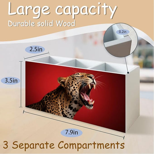 Trendy Retro Leopard Print Pen Pencil Holder Organizer for Desk, Leopard Gifts for Women, Preppy Cheetah Dark Red Wooden Box Block Sign for Home Office Tabletop Decor