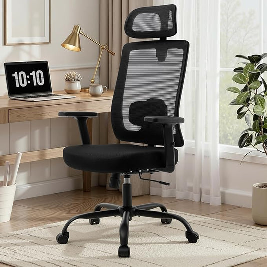 Ergonomic Office Chair Mesh Back, Office Desk Chair with Adjustable Lumbar Support, Rolling Work Chairs with Wheels and 3D Headrest, Set of 4, Black