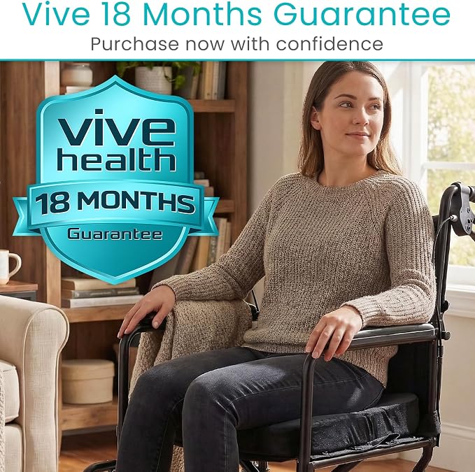 Vive Tailbone Cushion, Memory Foam Seat for Pain Relief, Sciatica, Coccyx & Back Support for Office Chair, Car, Wheelchair & Airplane, Water-Resistant Cover, 2-Layer Foam Comfort, Wheelchair (Black)