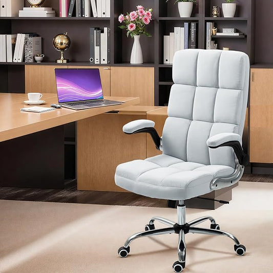 ECOTOUGE Executive Office Chair, Velvet Ergonomic Comfy Desk Chair, High Back Computer Chair with Adjustable Tilt Angle and Flip-up Arms (Grey, Without Footrest)
