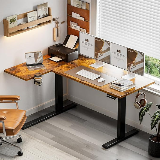 Muvai 59 Inch L Shaped Standing Desk Adjustable Height with Cable Management Tray,Gaming Electric Corner Standing Desk, Sit Stand Computer Table with Reversiable Splice Board,Rustic Brown